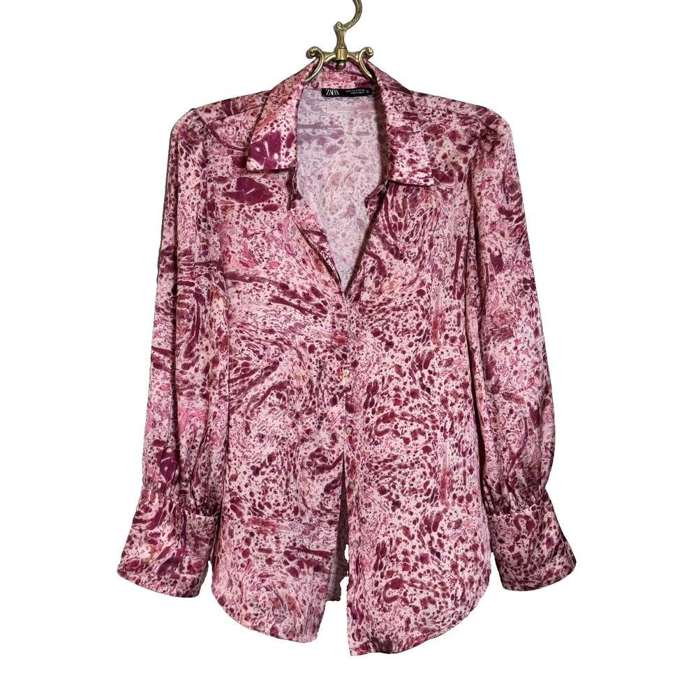 ZARA Multicolor Pink‎ Watercolor Blouse Button Down Satin Small